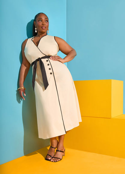 Ashley Stewart Cotton Blend A Line Wrap Dress Bleached Sand