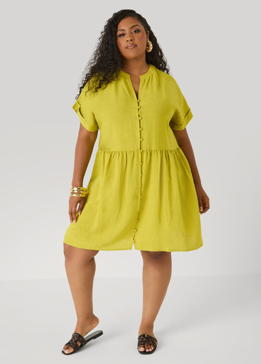 Ashley Stewart Cuffed V Neck Babydoll Dress Pear Liquor