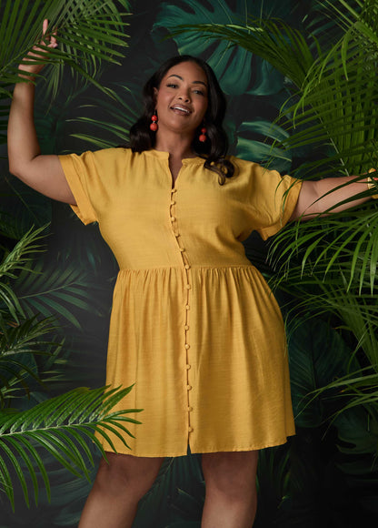 Ashley Stewart Cuffed V Neck Babydoll Dress Pear Liquor