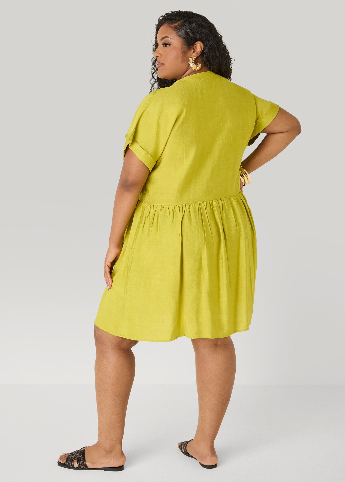 Ashley Stewart Cuffed V Neck Babydoll Dress Pear Liquor