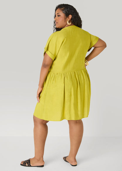 Ashley Stewart Cuffed V Neck Babydoll Dress Pear Liquor