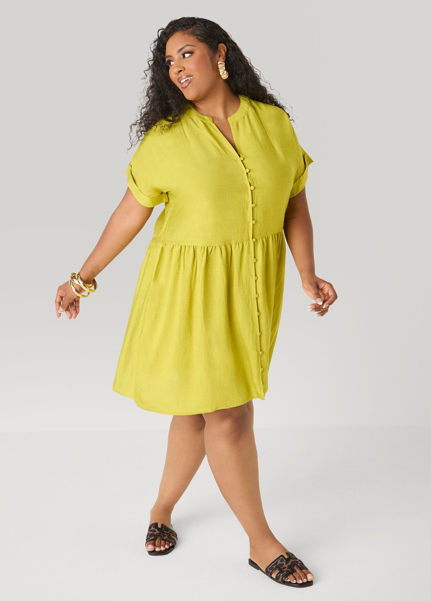 Ashley Stewart Cuffed V Neck Babydoll Dress Pear Liquor