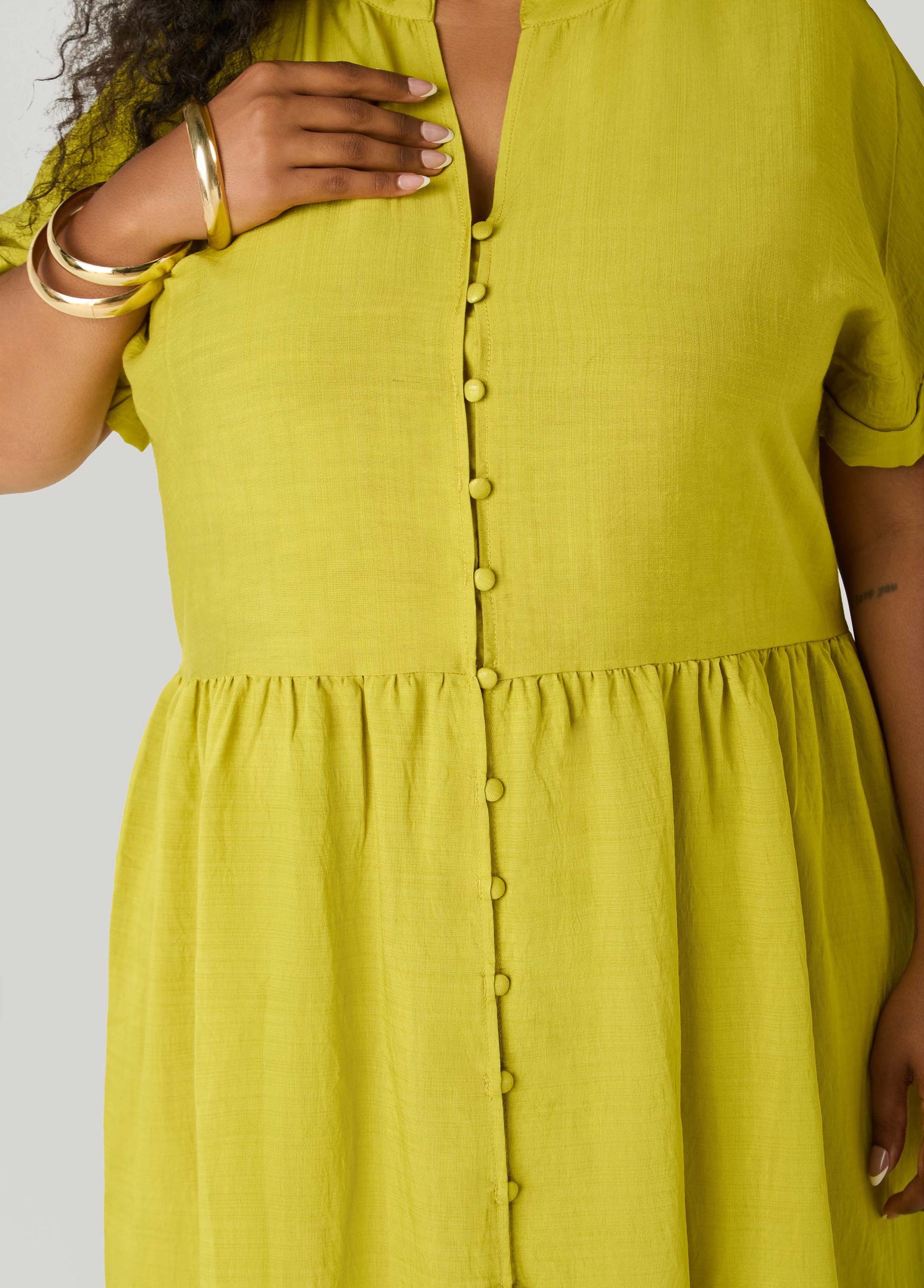 Ashley Stewart Cuffed V Neck Babydoll Dress Pear Liquor