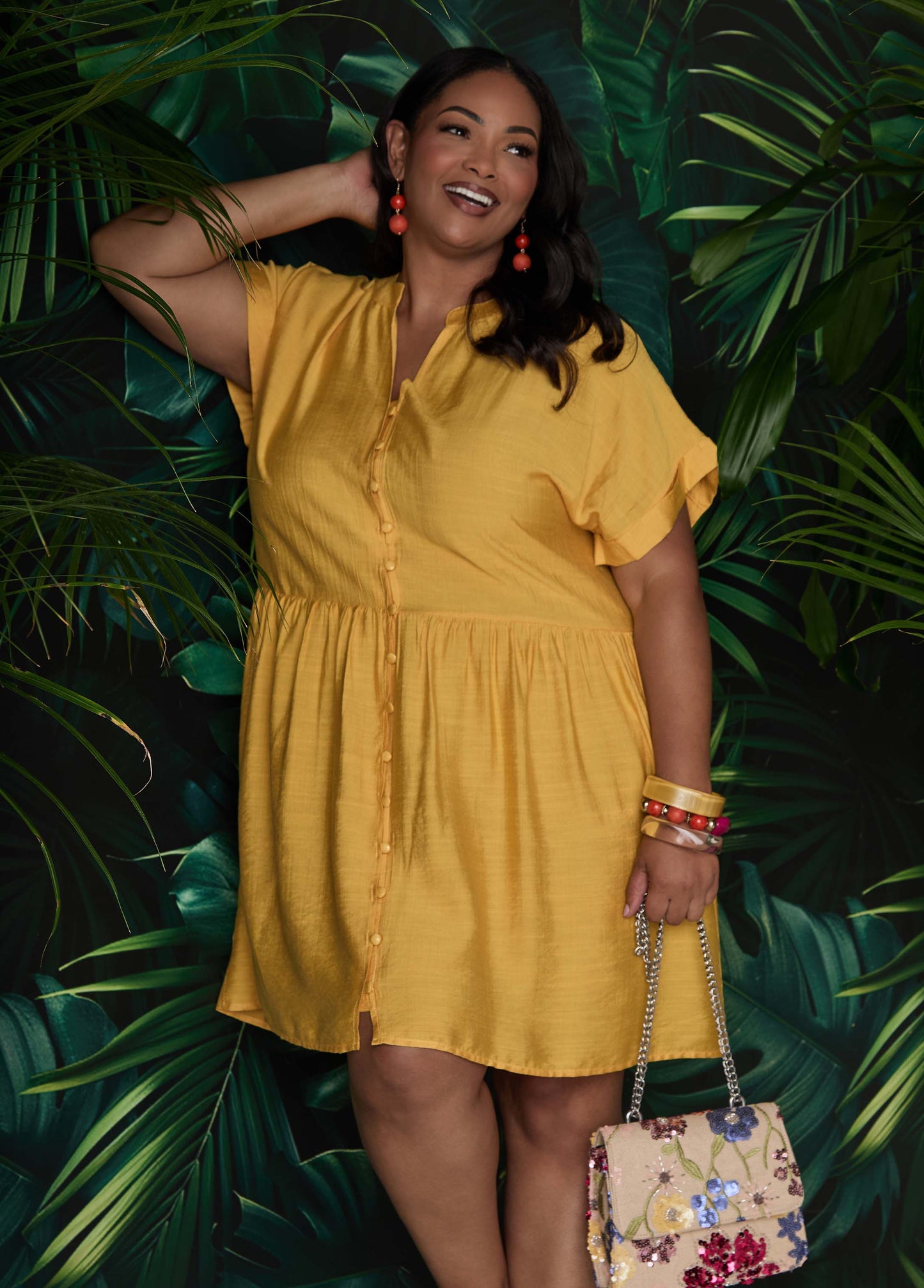 Ashley Stewart Cuffed V Neck Babydoll Dress Pear Liquor