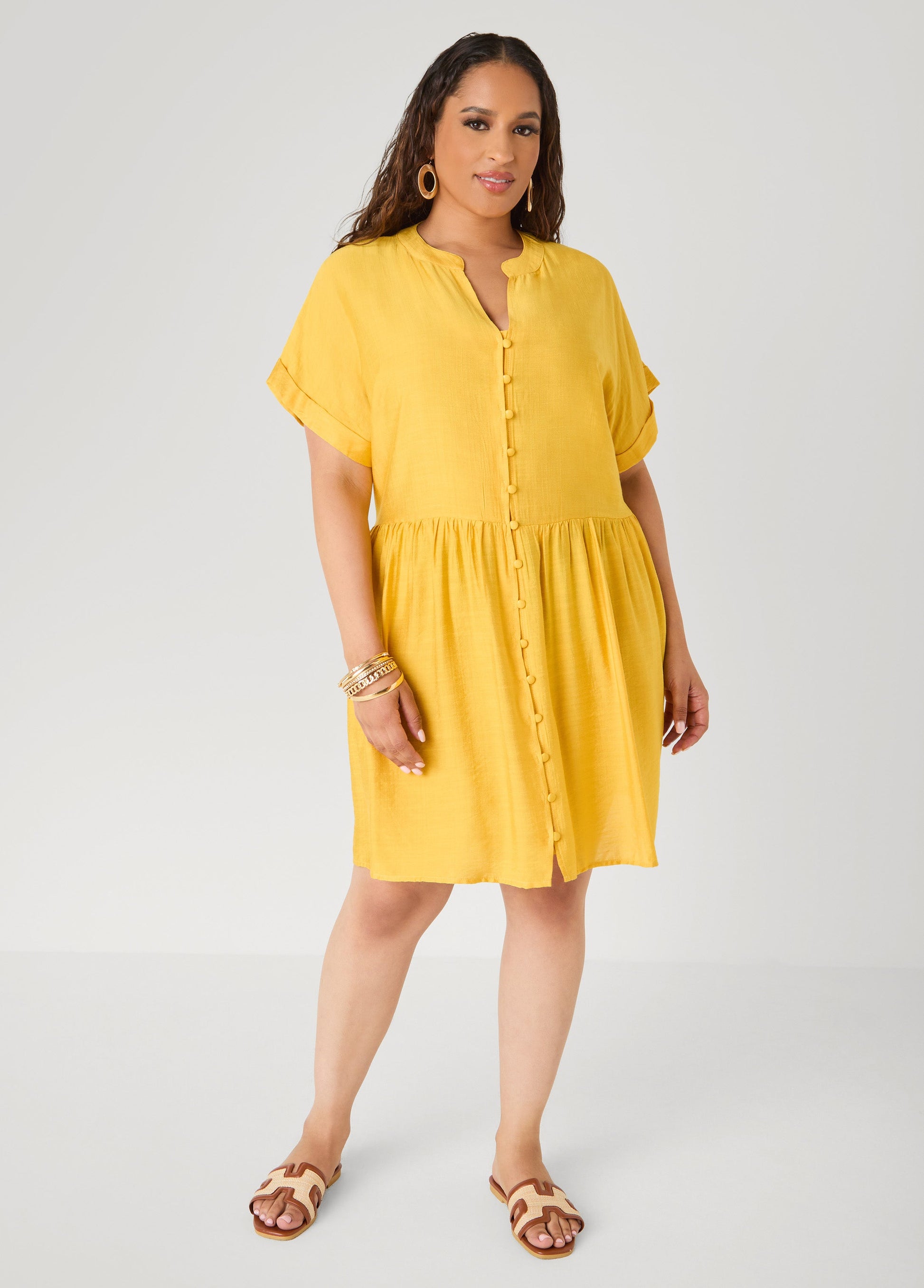 Ashley Stewart Cuffed V Neck Babydoll Dress Pear Liquor