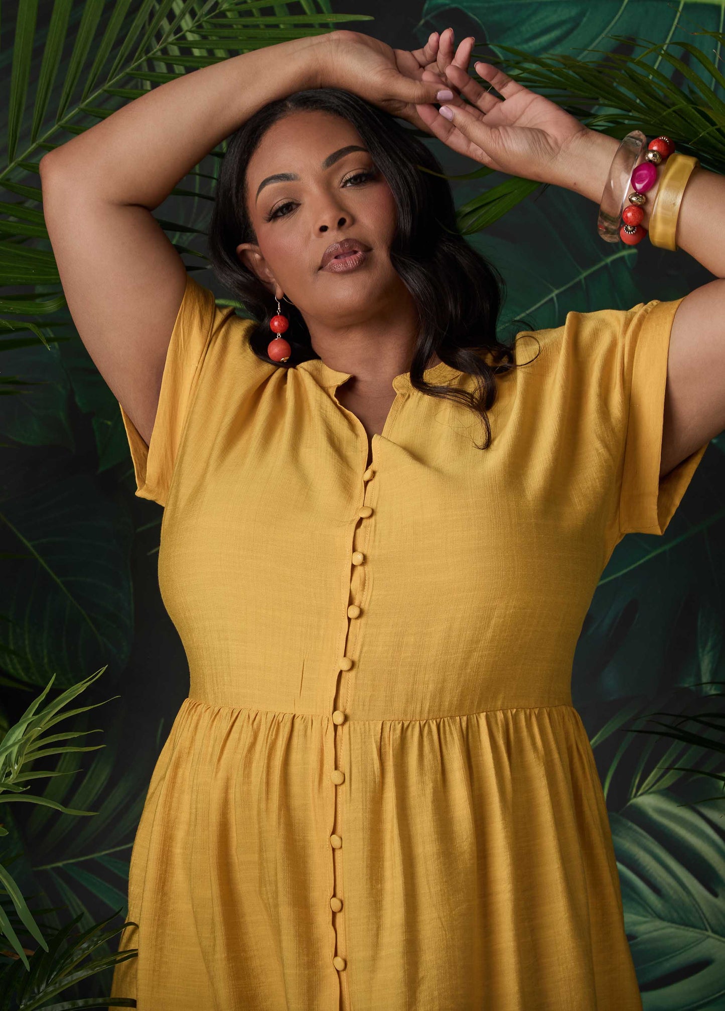 Ashley Stewart Cuffed V Neck Babydoll Dress Pear Liquor