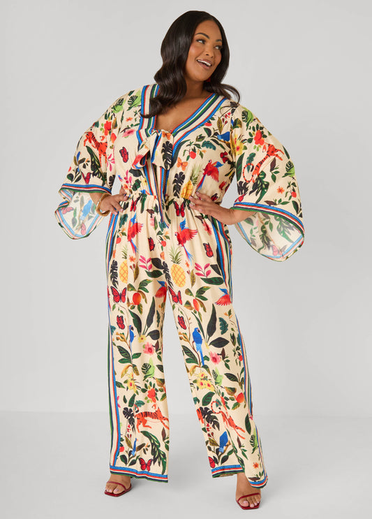 Ashley Stewart Tie Front Tropical Print Jumpsuit Multi