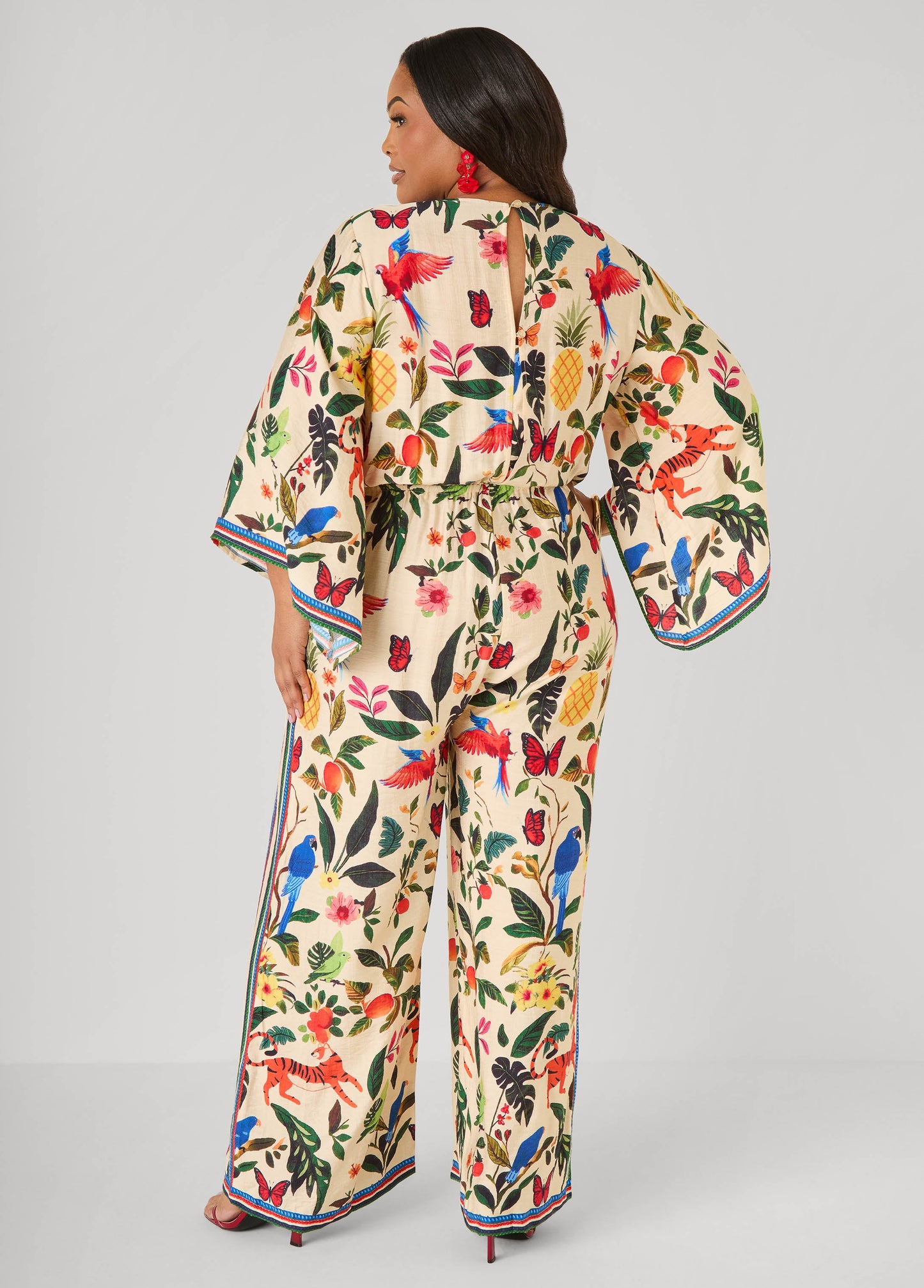 Ashley Stewart Tie Front Tropical Print Jumpsuit Multi