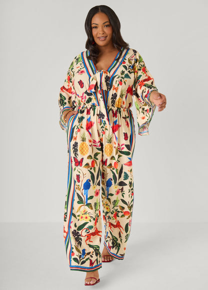 Ashley Stewart Tie Front Tropical Print Jumpsuit Multi