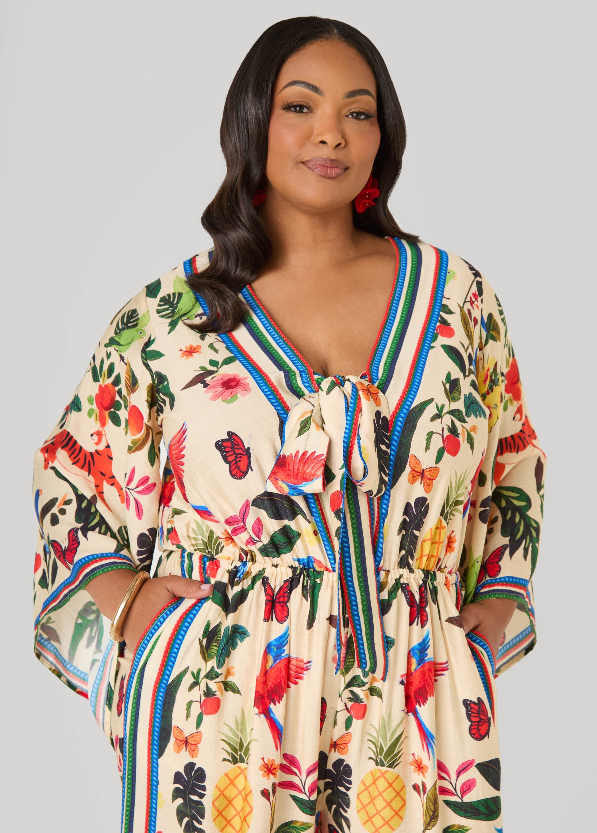 Ashley Stewart Tie Front Tropical Print Jumpsuit Multi