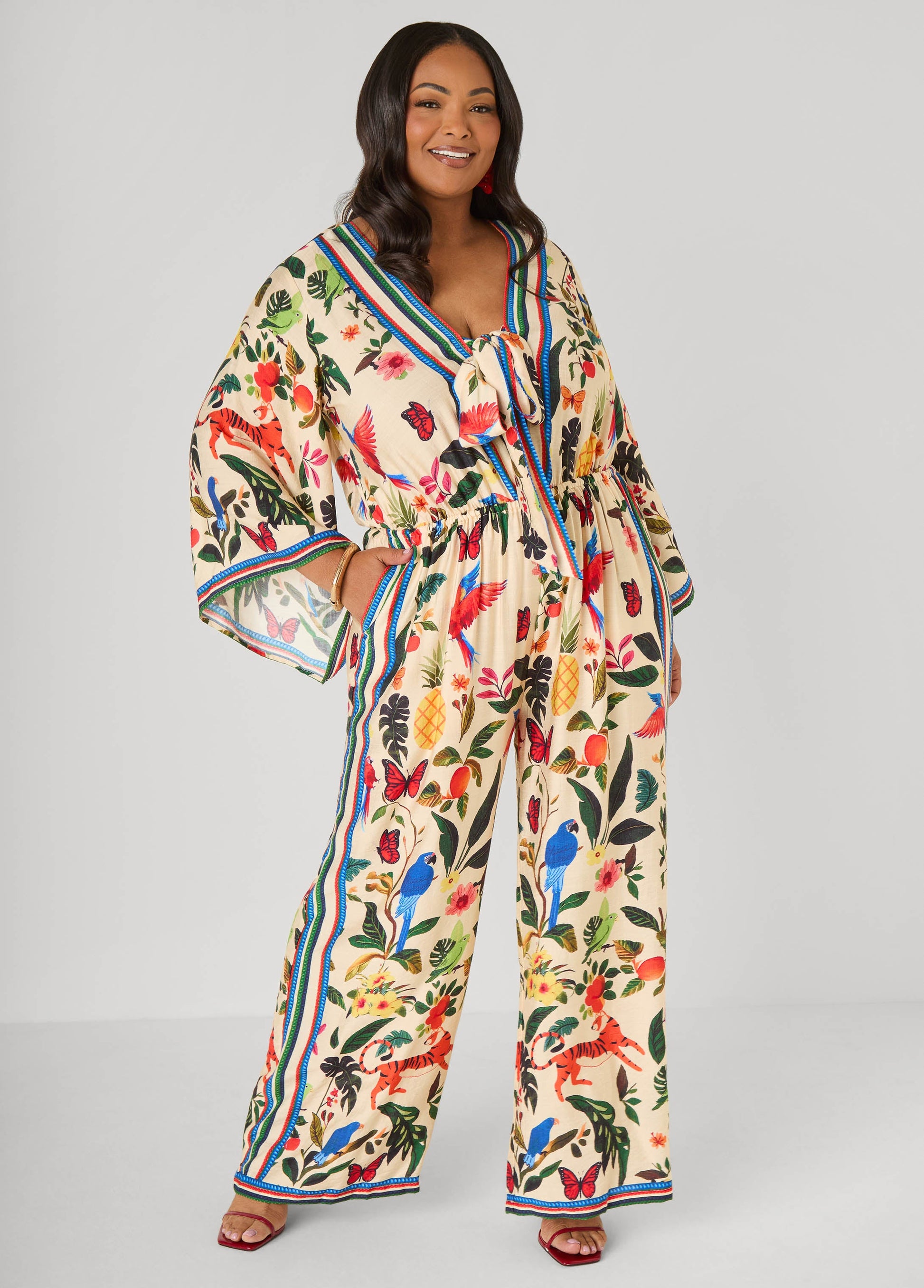 Ashley Stewart Tie Front Tropical Print Jumpsuit Multi