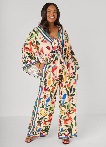 Ashley Stewart Tie Front Tropical Print Jumpsuit Multi
