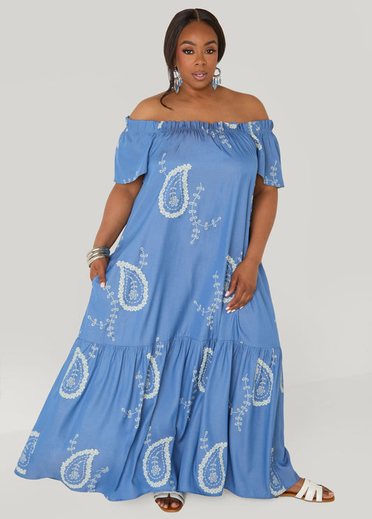 Ashley Stewart Off The Shoulder Paisley Dress Denim