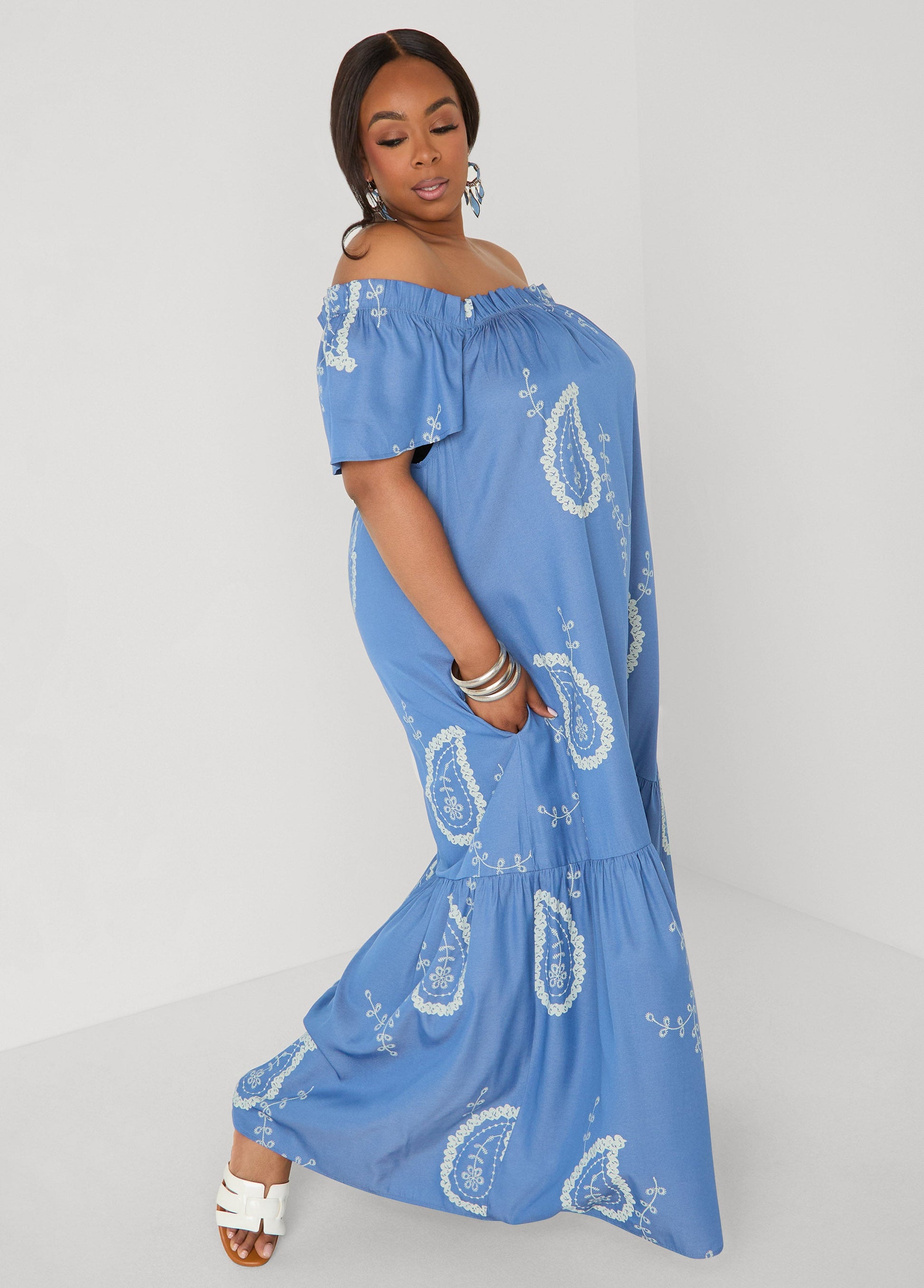 Ashley Stewart Off The Shoulder Paisley Dress Denim
