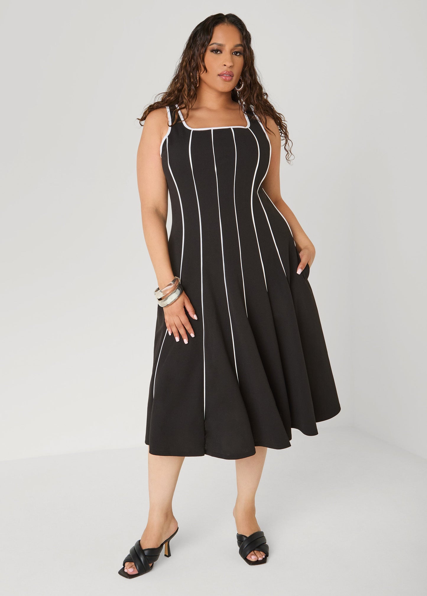 Ashley Stewart Piped A Line Midi Dress Black