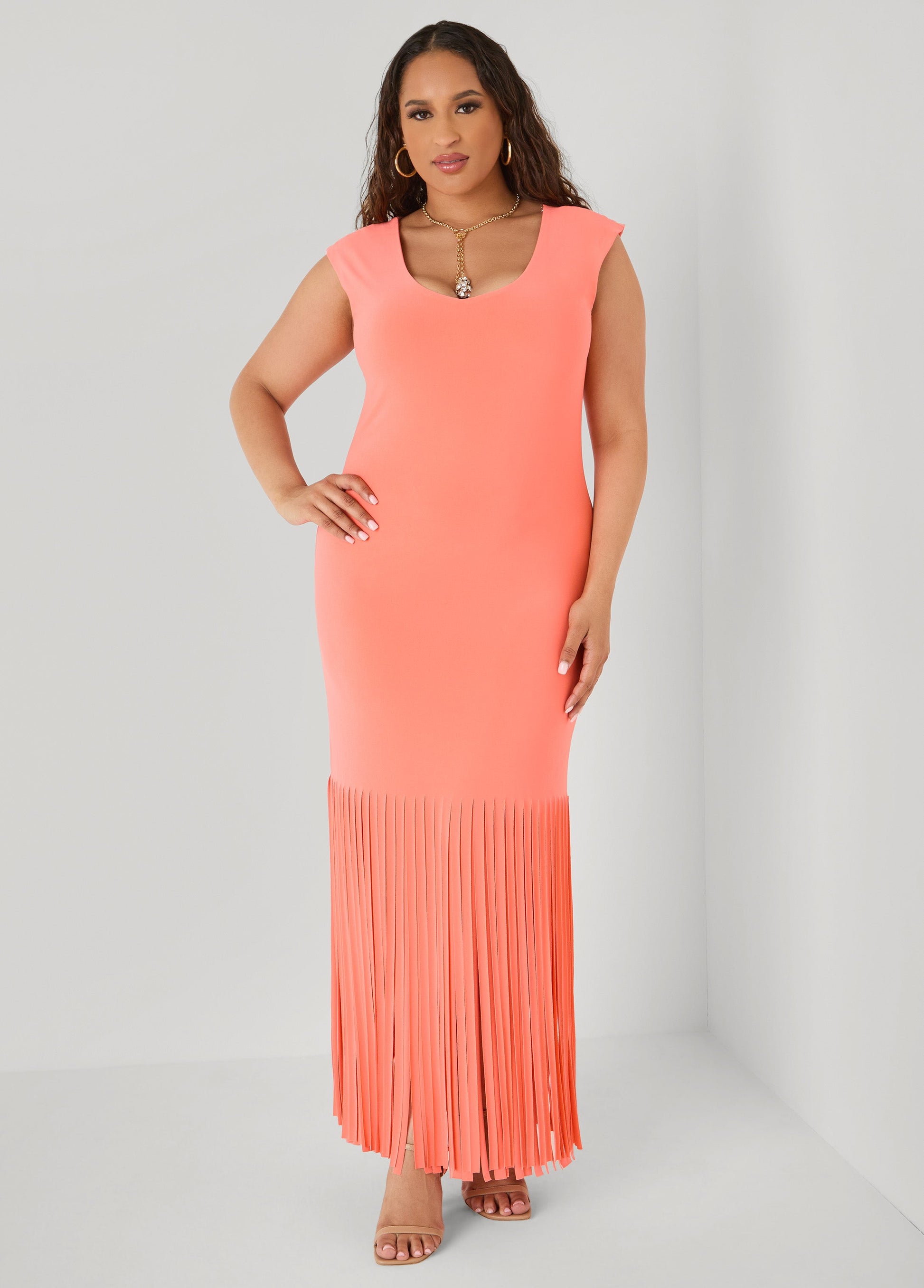Ashley Stewart Fringed Maxi Dress LIVING CORAL
