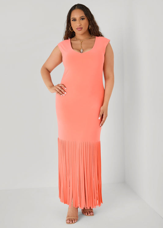Ashley Stewart Fringed Maxi Dress LIVING CORAL