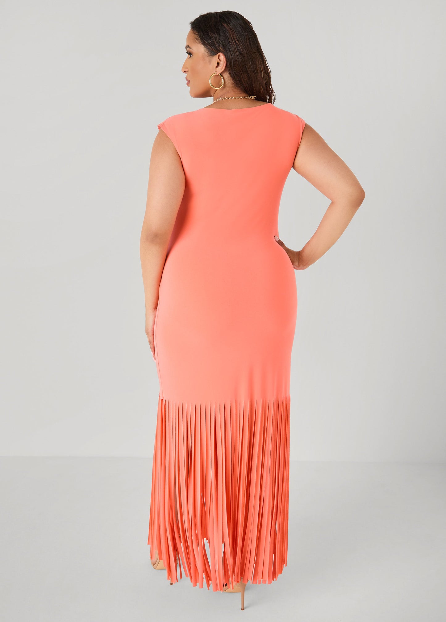 Ashley Stewart Fringed Maxi Dress LIVING CORAL