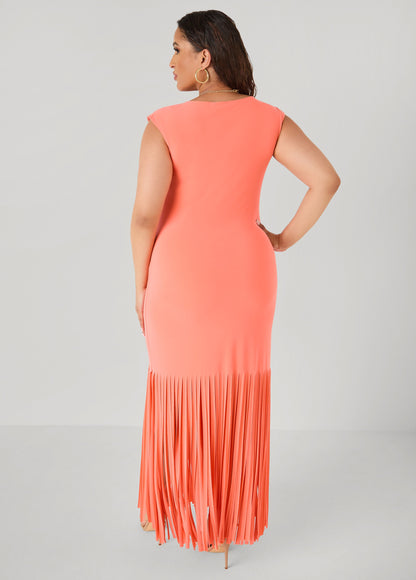 Ashley Stewart Fringed Maxi Dress LIVING CORAL