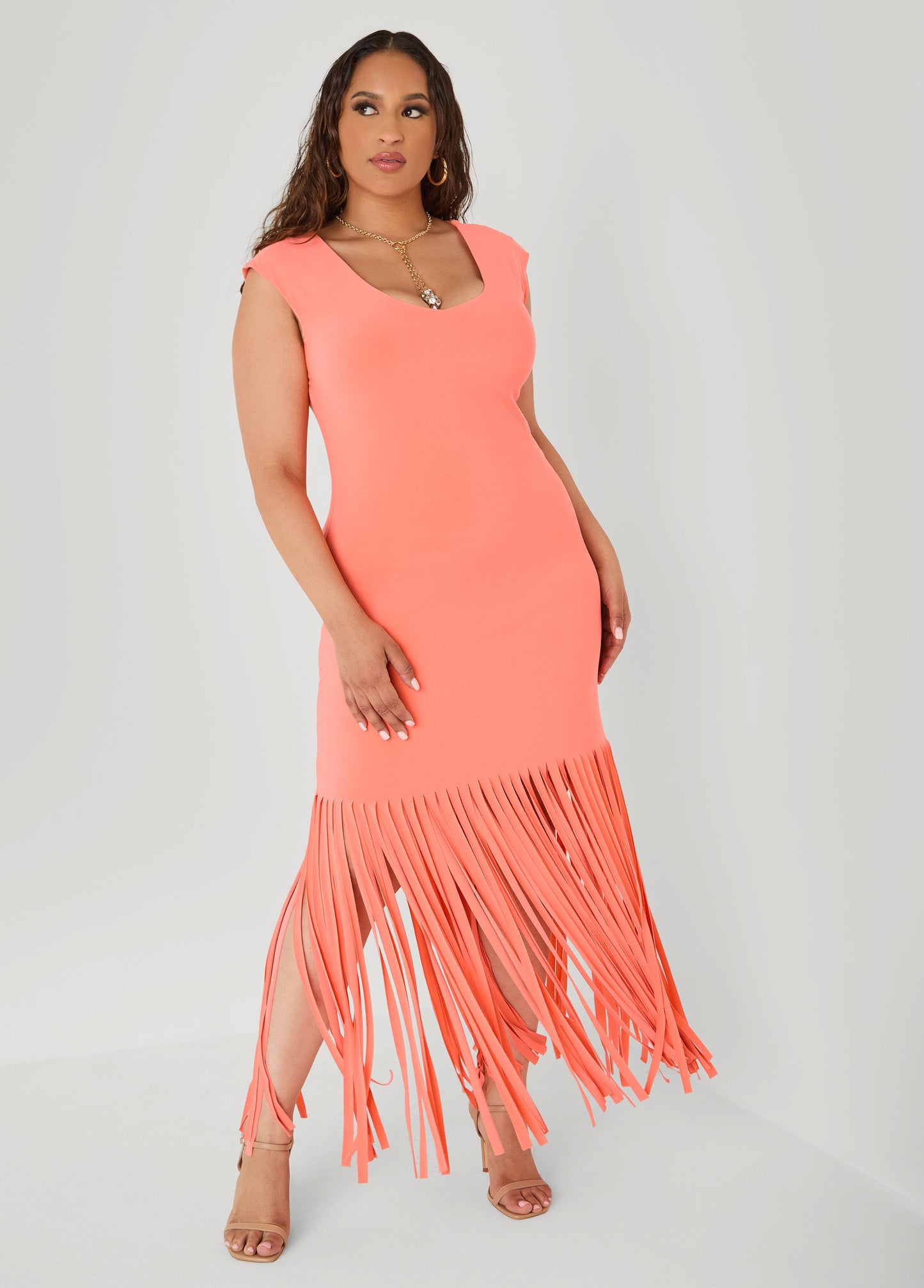 Ashley Stewart Fringed Maxi Dress LIVING CORAL