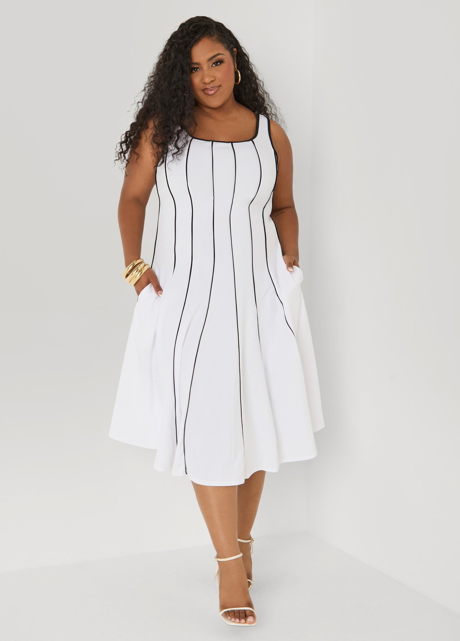 Ashley Stewart Piped Midi A Line Dress White