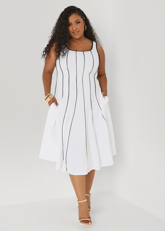 Ashley Stewart Piped Midi A Line Dress White