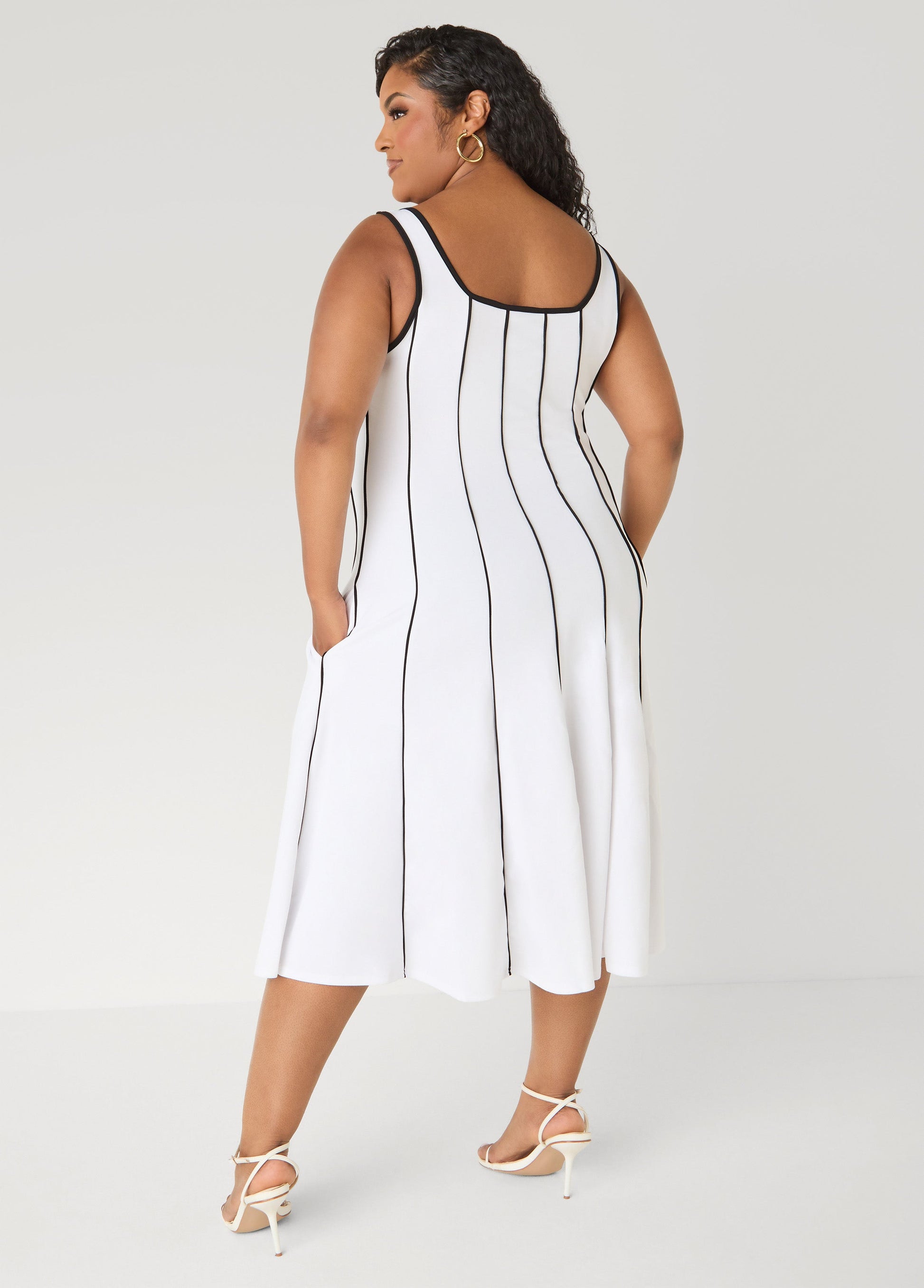 Ashley Stewart Piped Midi A Line Dress White