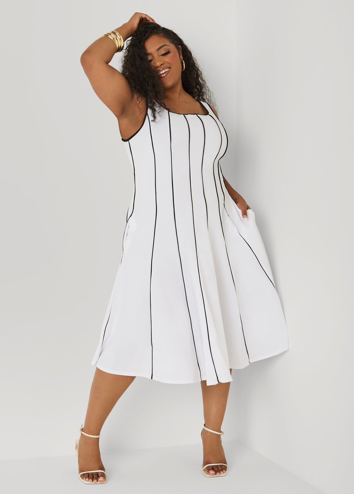 Ashley Stewart Piped Midi A Line Dress White