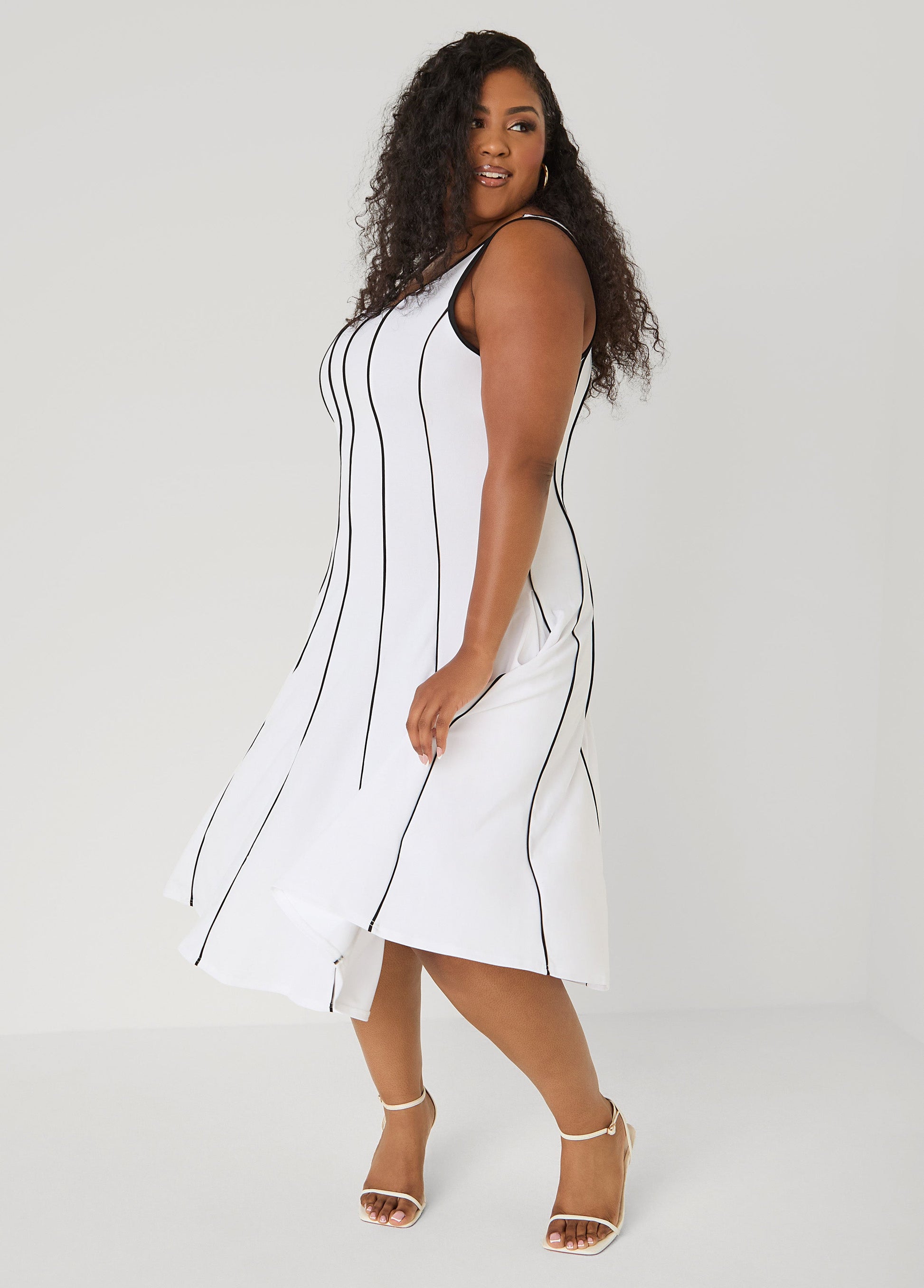 Ashley Stewart Piped Midi A Line Dress White