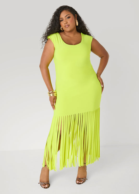 Ashley Stewart Fringed Knit Maxi Dress LIME PUNCH