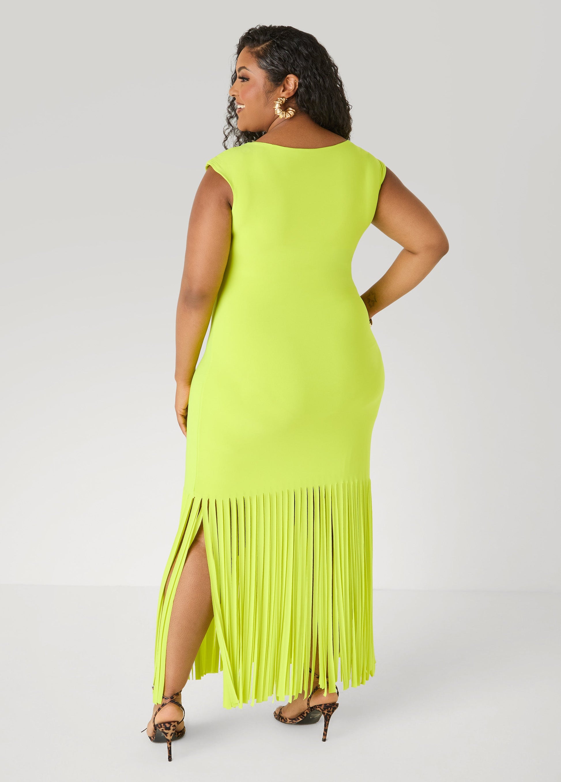 Ashley Stewart Fringed Knit Maxi Dress LIME PUNCH