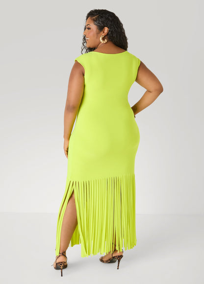 Ashley Stewart Fringed Knit Maxi Dress LIME PUNCH