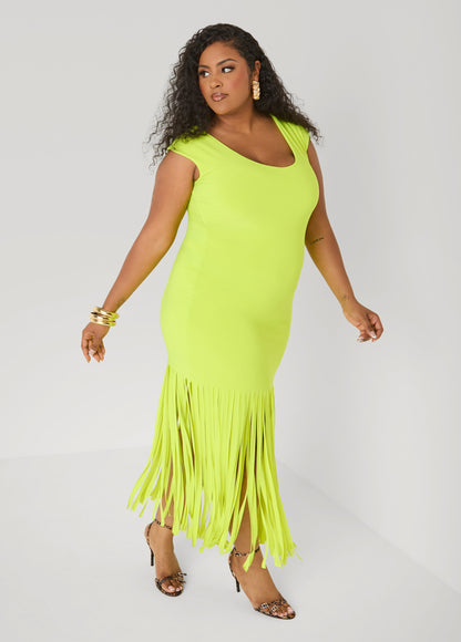 Ashley Stewart Fringed Knit Maxi Dress LIME PUNCH
