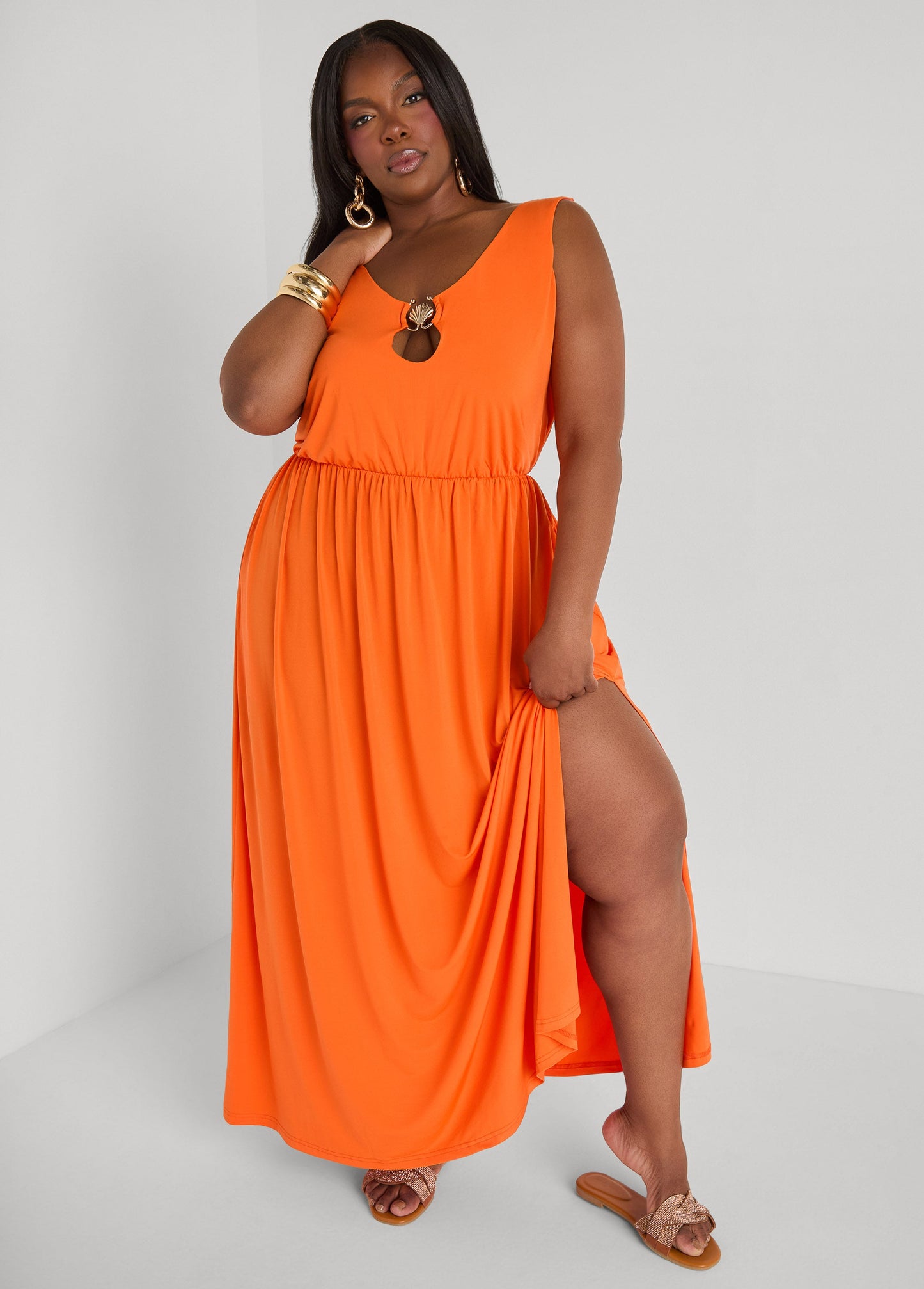 Ashley Stewart Shell Embellished Maxi Dress Orangeade