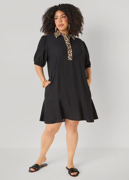 Ashley Stewart Leopard Trimmed Flounced Dress Black Combo