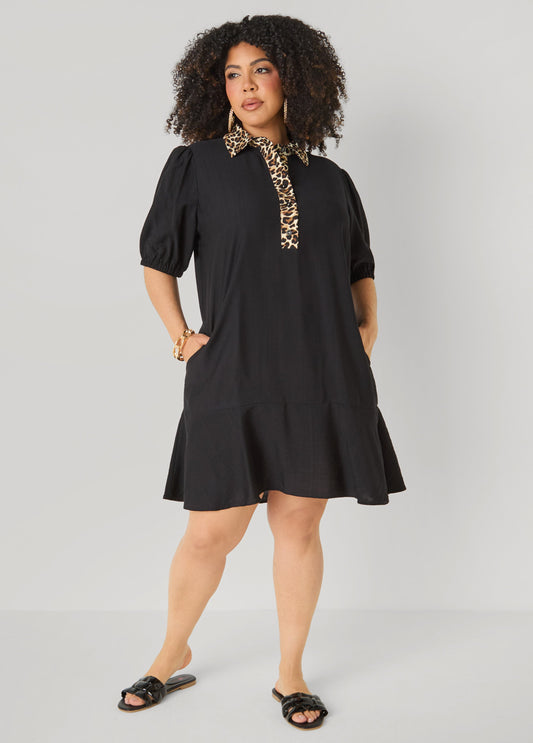 Ashley Stewart Leopard Trimmed Flounced Dress Black Combo