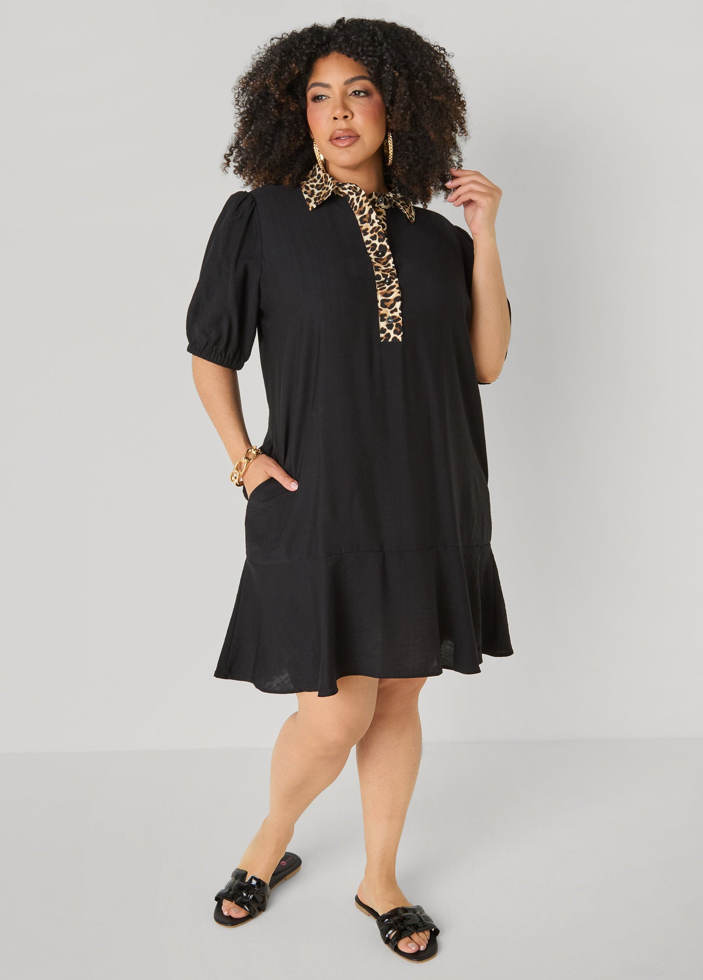 Ashley Stewart Leopard Trimmed Flounced Dress Black Combo