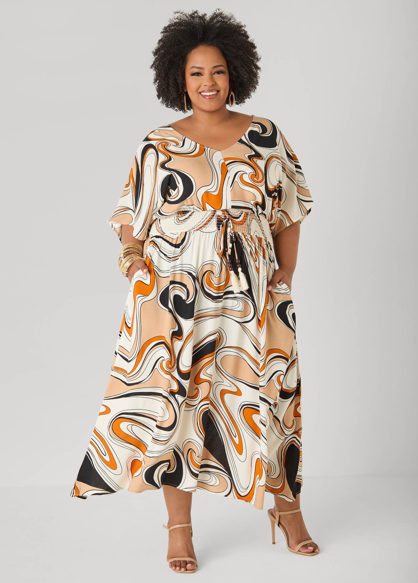 Ashley Stewart Tie Back Scroll Print Maxi Dress CORNSTALK