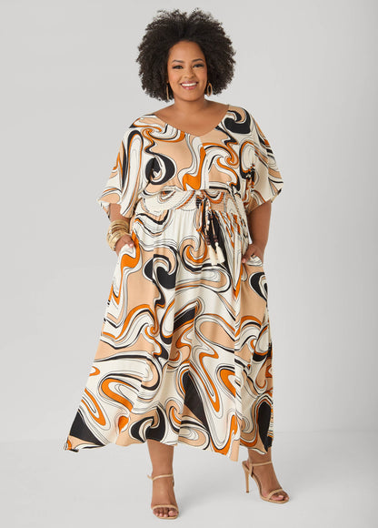 Ashley Stewart Tie Back Scroll Print Maxi Dress CORNSTALK