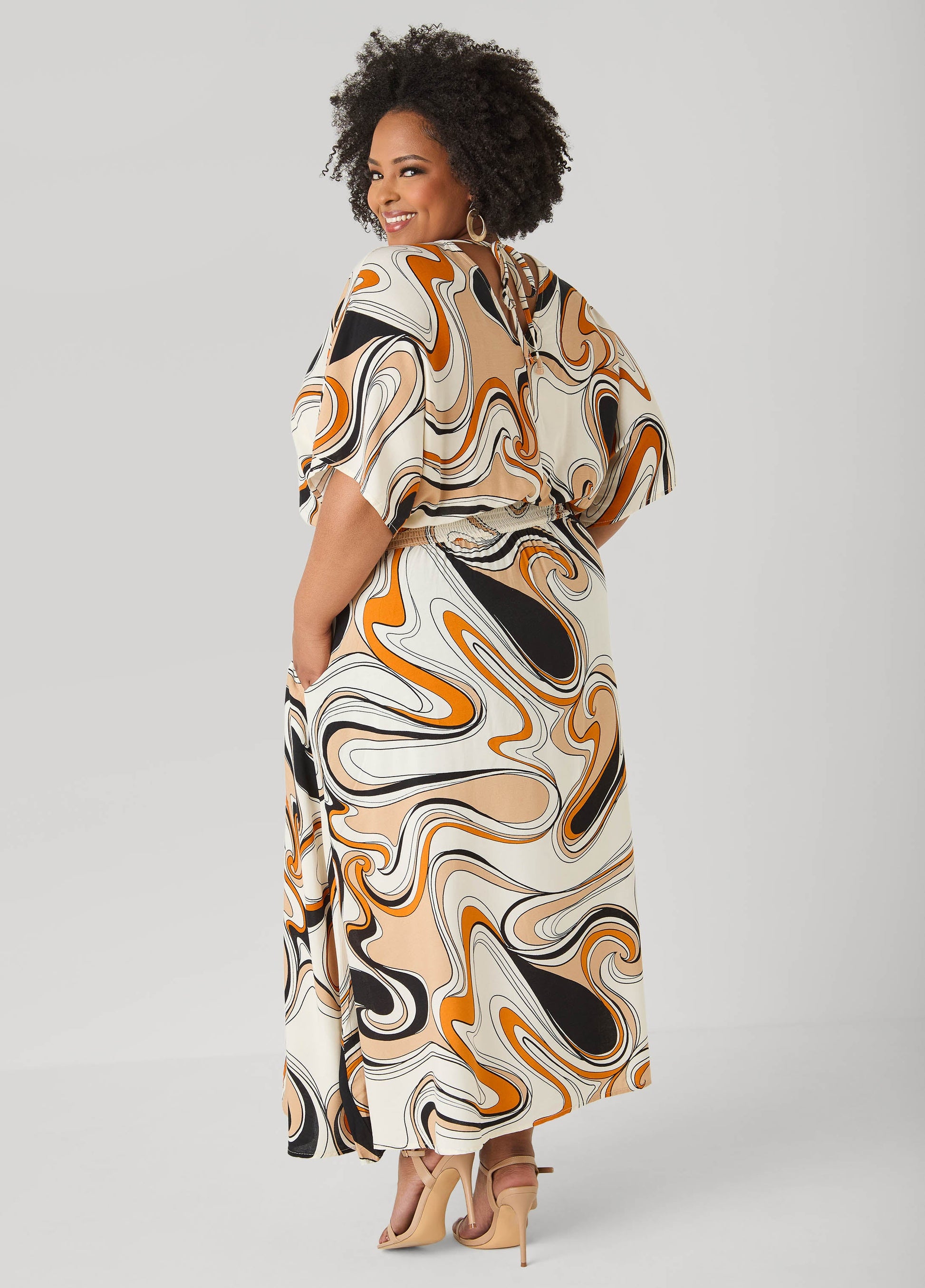 Ashley Stewart Tie Back Scroll Print Maxi Dress CORNSTALK