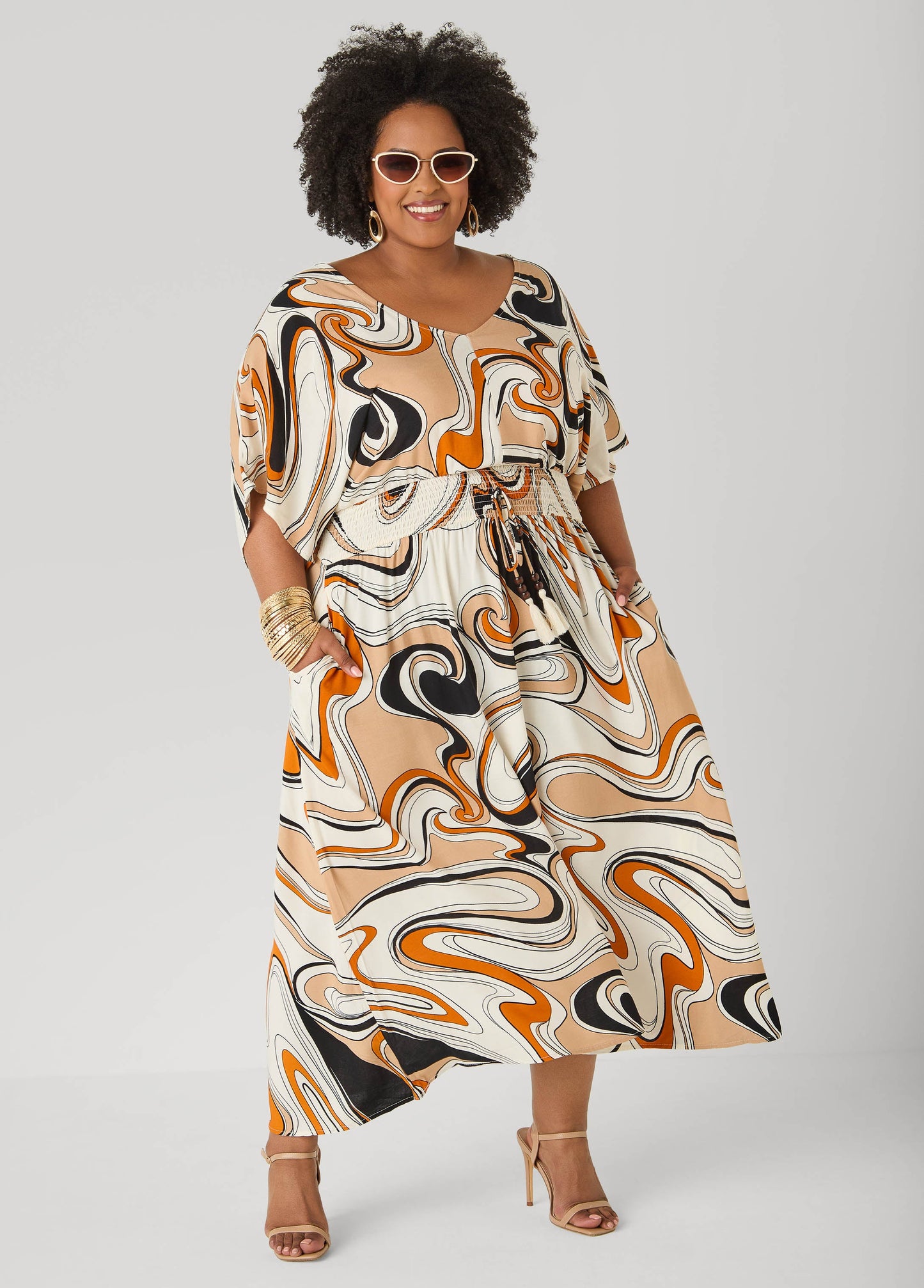 Ashley Stewart Tie Back Scroll Print Maxi Dress CORNSTALK