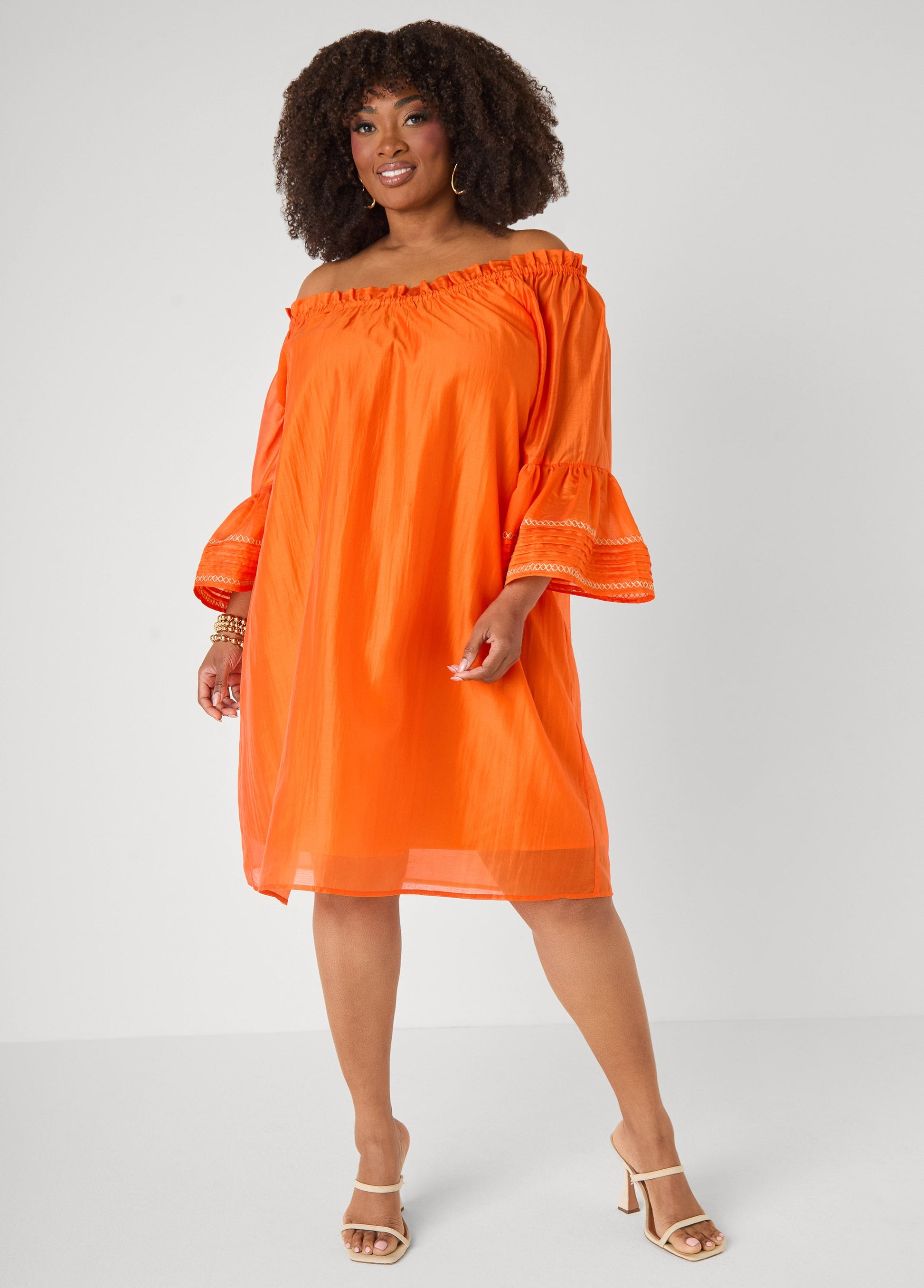 Ashley Stewart Embroidered Off The Shoulder Dress Orangeade