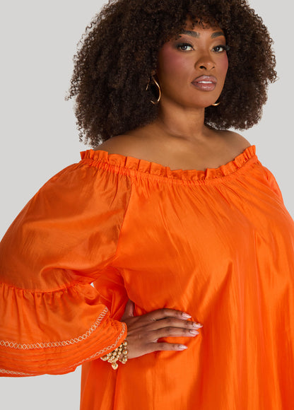 Ashley Stewart Embroidered Off The Shoulder Dress Orangeade
