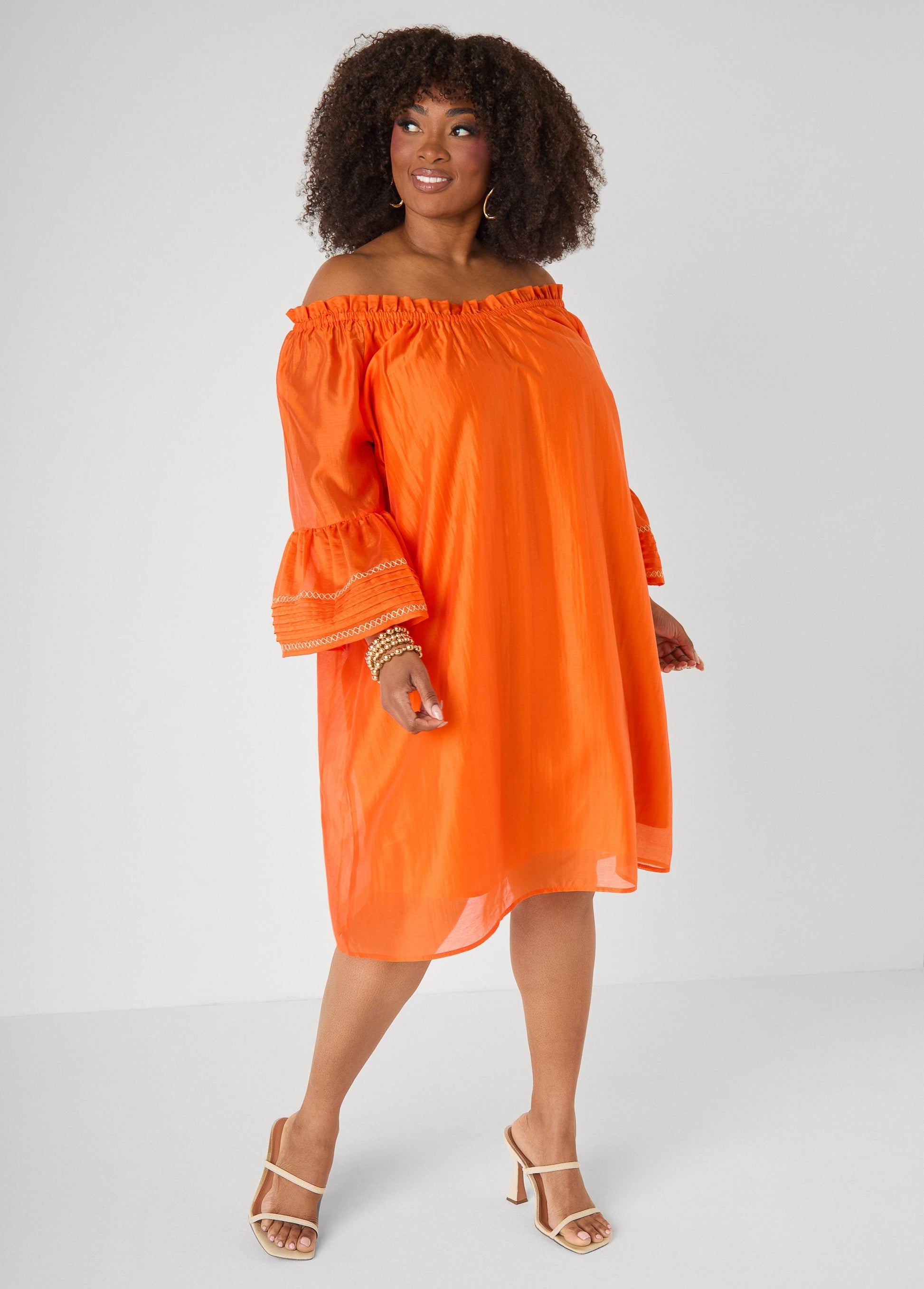 Ashley Stewart Embroidered Off The Shoulder Dress Orangeade