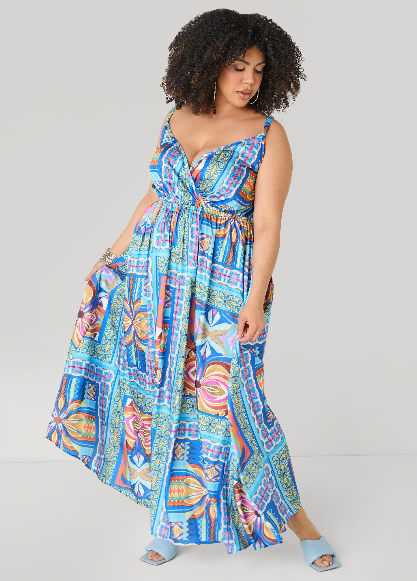 Ashley Stewart Tile Print Satin Maxi Dress Multi