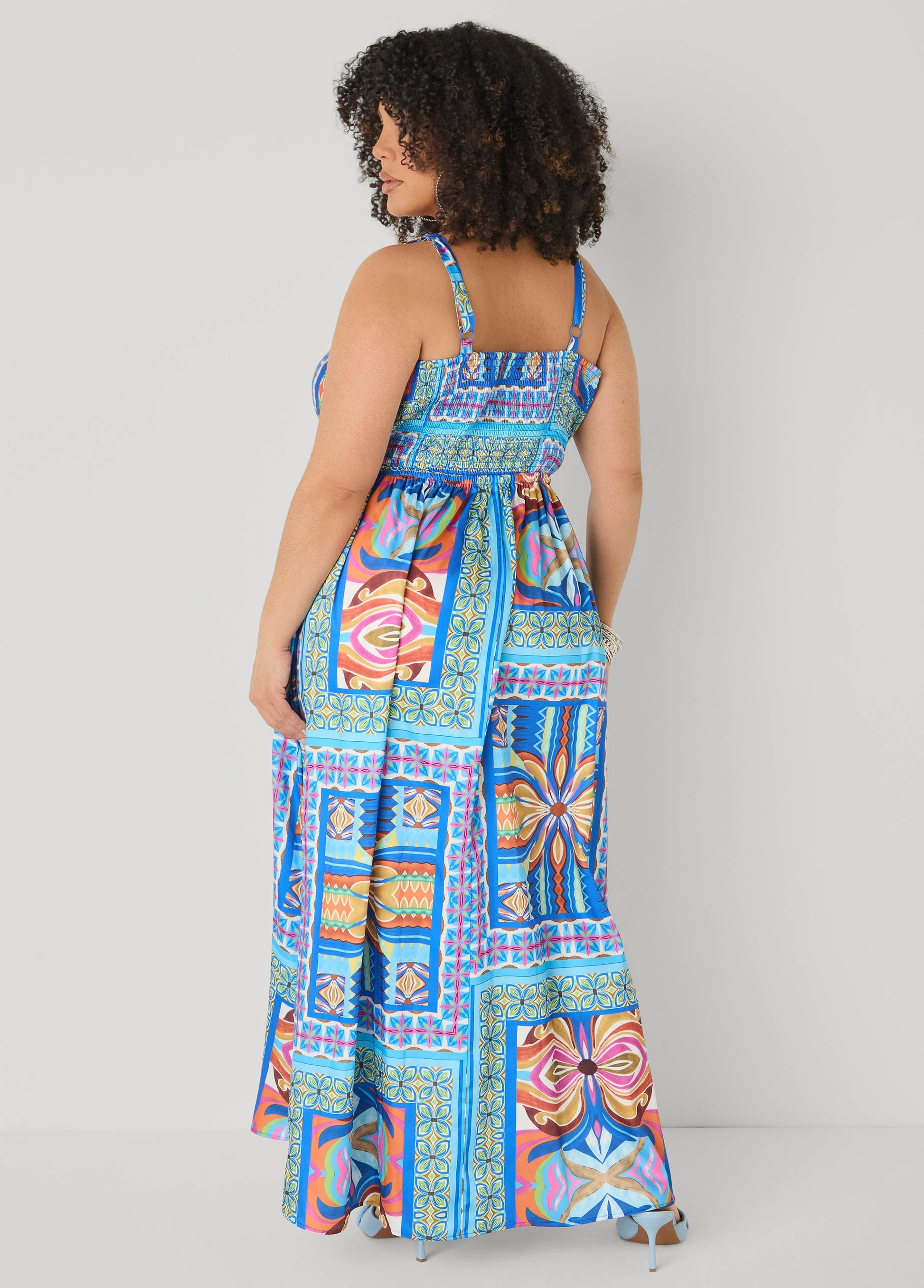 Ashley Stewart Tile Print Satin Maxi Dress Multi