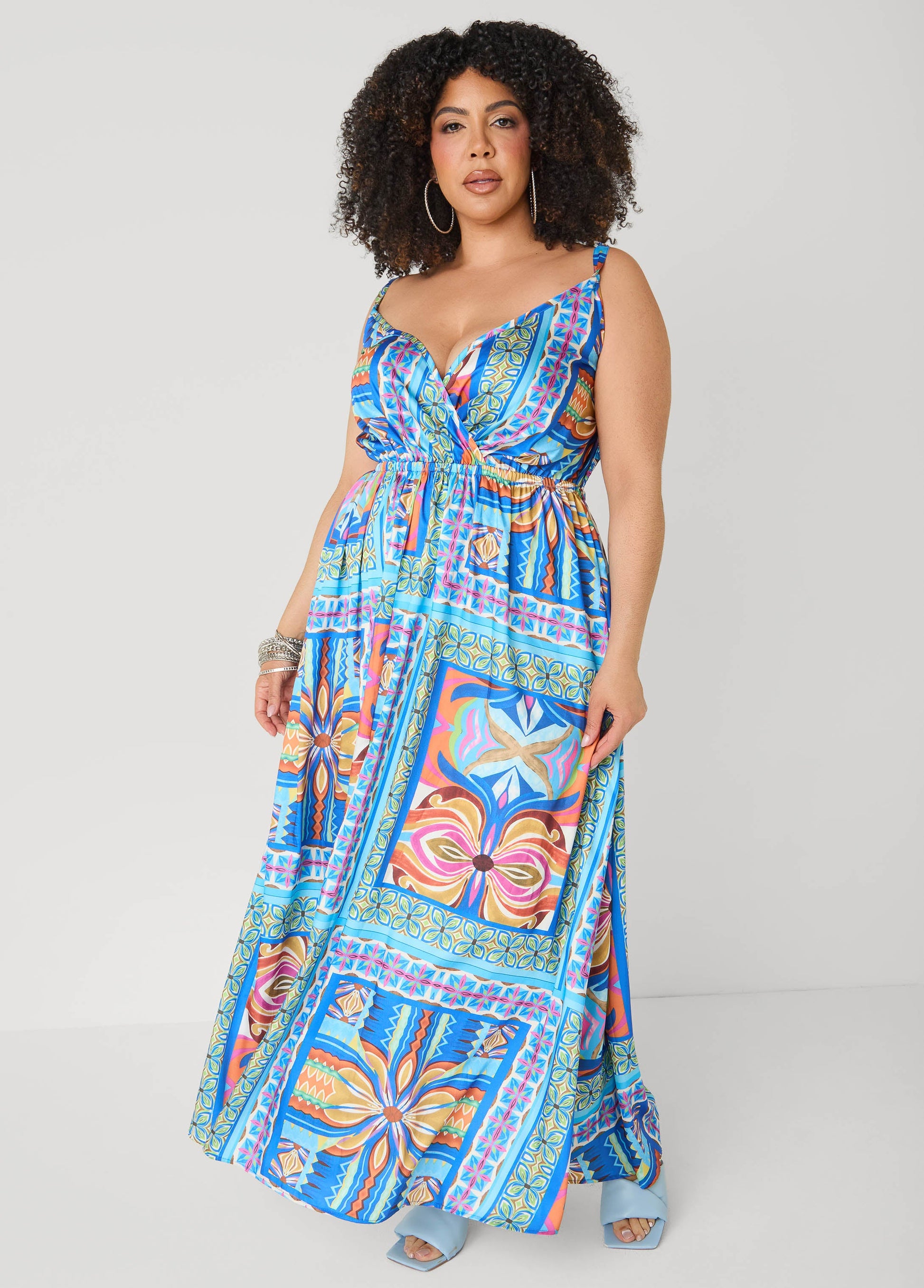 Ashley Stewart Tile Print Satin Maxi Dress Multi