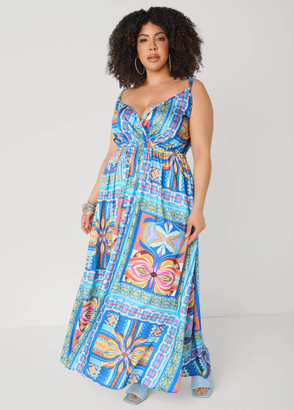 Ashley Stewart Tile Print Satin Maxi Dress Multi