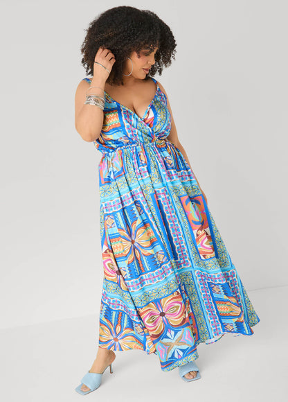Ashley Stewart Tile Print Satin Maxi Dress Multi