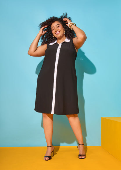 Ashley Stewart Two Tone Button Front Dress Black White